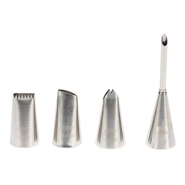 Dekortüllen-Set 4-teilig Edelstahl (Sternbandtülle 16 x 2 mm, Blatttülle 16 x 5mm,Blatttülle 14 x 3m