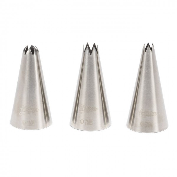 Spritztüllen-Set 3-teilig Edelstahl, Stern gechlossen 4mm, Stern offen 5 und 7 mm